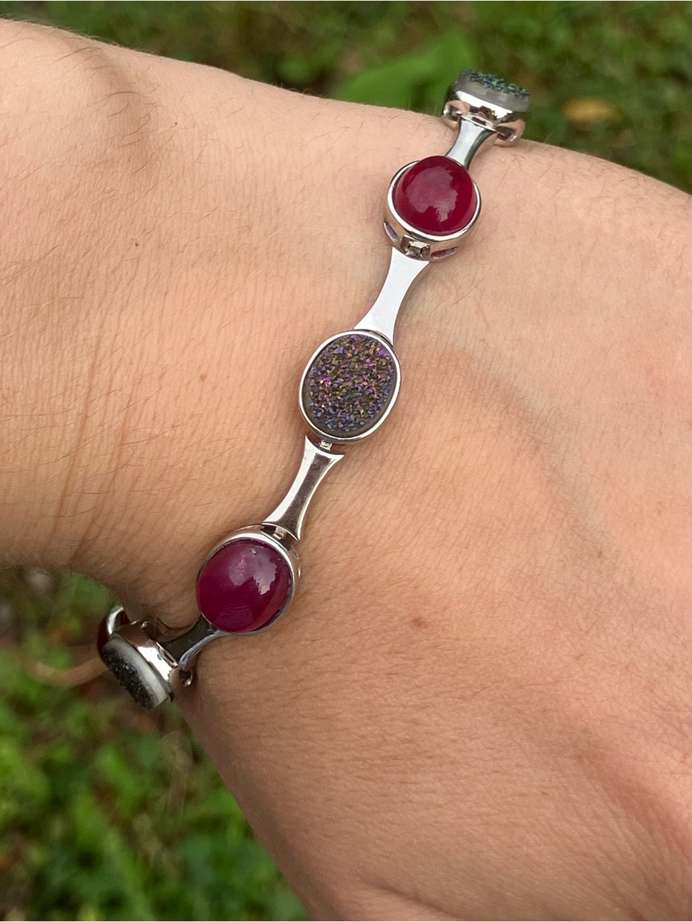 Genuine Ruby Drusy Quartz Sterling Silver Bracelet